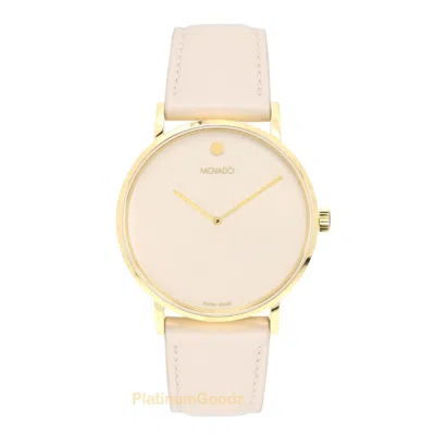 Pre-owned Movado Swiss Museum Signature Classic Beige Dial Beige Leather Strap Gold Watch
