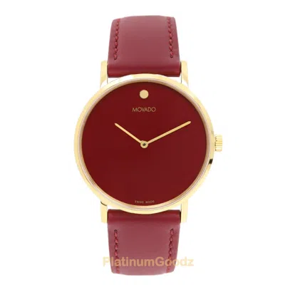 Pre-owned Movado Swiss Museum Signature Classic Red Dial Gold Slim Red Leather Strap Watch