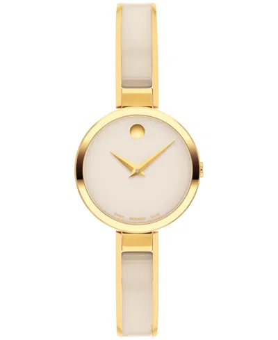MOVADO WOMEN'S MODA SWISS QUARTZ TAUPE CERAMIC GOLD-TONE YELLOW PVD WATCH 24MM