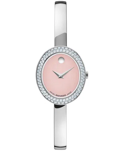 Movado Women's Museum Bangle Oval Lab Grown Diamond Swiss Quartz Silver Stainless Steel Watch, 22 X 26mm In Pink