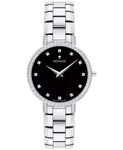 Movado Women's Swiss Faceto Diamond (1/4 Ct. T.w.) Stainless Steel Bracelet Watch 28mm In Silver