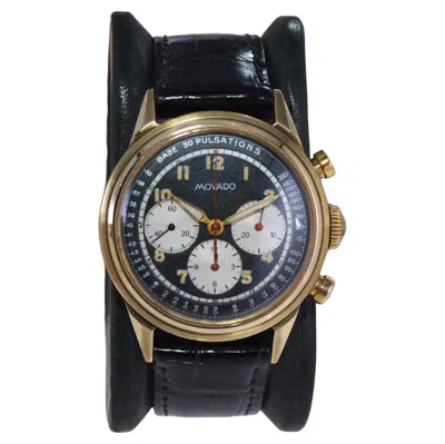 Pre-owned Movado Yellow Gold Art Deco Triple Register Chronograph Manual Watch