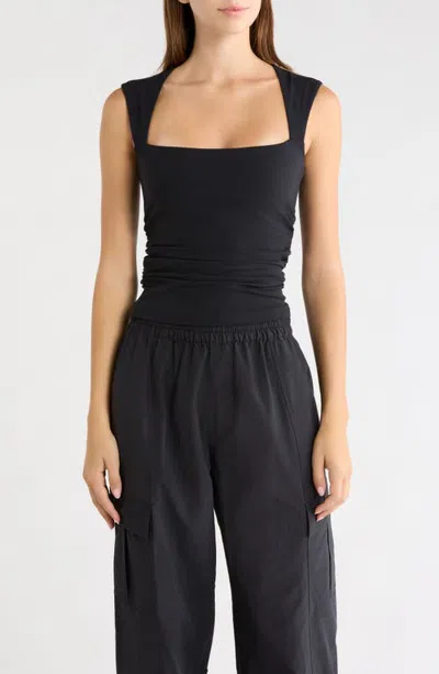 Mpg Cloud Square Neck Ruched Performance Tank In Black
