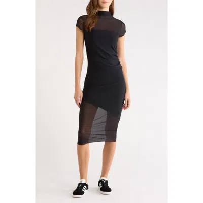 Mpg Ruched Mesh Midi Dress In Black