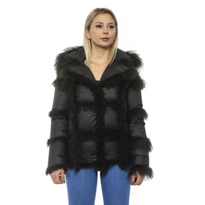 Mr & Mrs Italy Black Poly Jacket With Lamb Fur Hood For Women