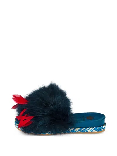 Mr & Mrs Italy Feather-embellished Slippers In Blue