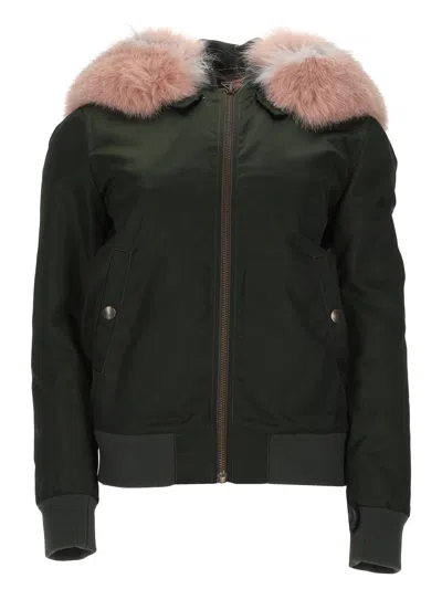 Mr & Mrs Italy Bomber Jacket With Plush Pink Fur Collar In Green