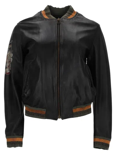 Mr & Mrs Italy Leather Jacket With Ribbed Cuffs And Graphic Patches In Blue