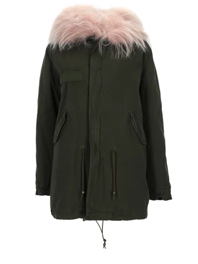 Mr & Mrs Italy Olive Green Fur Hood Cotton Parka In Black