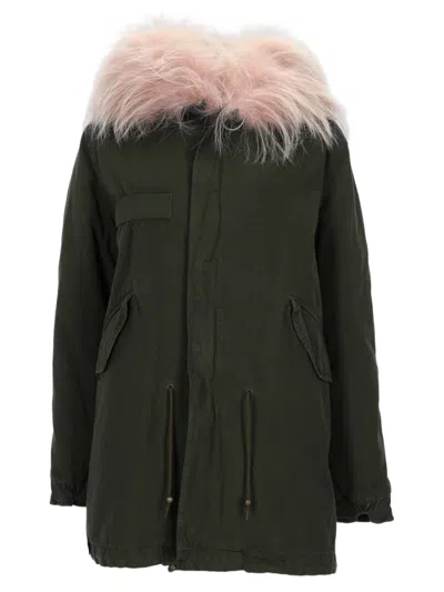 Mr & Mrs Italy Olive Green Fur Hood Cotton Parka In Black
