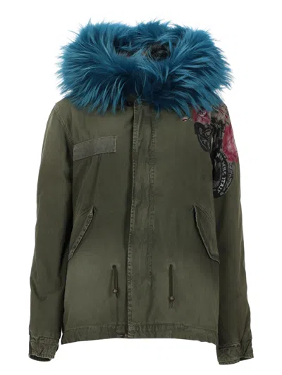 Mr & Mrs Italy Olive Green Parka With Blue Faux Fur Trim