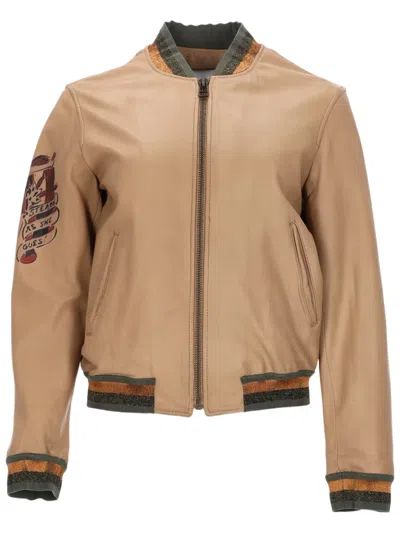 Mr & Mrs Italy Smooth Tan Leather Jacket With Graphic Patches In Brown