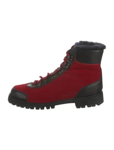 Pre-owned Mr & Mrs Italy Velvet Colorblock Pattern Combat Boots In Red