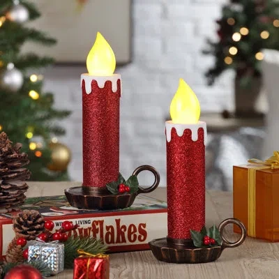 Mr. Christmas 10" Flickering Led Resin Glittery Candles - Red