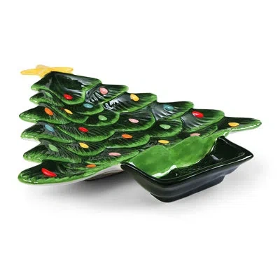 Mr. Christmas 14.25'' Nostalgic Ceramic Tree Dip Platter - Green In Black;green