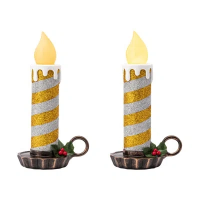 Mr. Christmas Nostalgic 10" Flickering Led Resin Glittery Striped Candles In Gold,silver