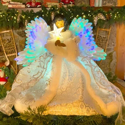 Mr. Christmas Nostalgic 12" Fiber Optic Animated Tree Topper - Black Angel In White