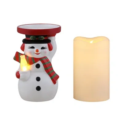 Mr. Christmas Nostalgic 6" Ceramic Lit Snowman Candle Holder And Flameless Candle