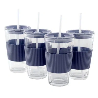 Mr Coffee 4 Piece 15 Ounce Silicone Sleeve Glass Cup Set W/ Lid And Straw In Navy In Blue