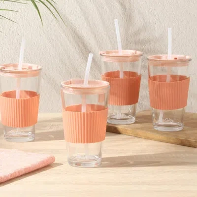 Mr Coffee 4-pack 15oz Latte Glass Tumblers With Lids And Straws – Reusable Iced Coffee Cups – Dishwasher Safe  In Blush Pink