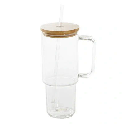 Mr Coffee Mr. Coffee Crafted Calm 34 oz Glass Travel Mug With Handle, Straw And  Lid In White