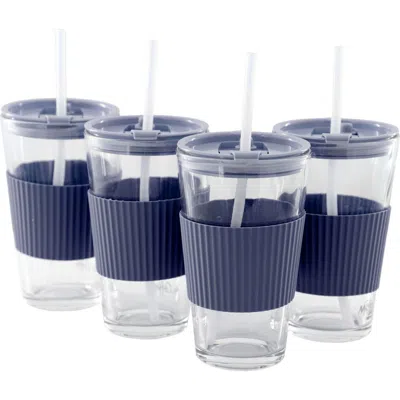Mr Coffee Mr. Coffee Sip Savvy 4 Piece 15 Ounce Silicone Sleeve Glass Cup Set W/ Lid And Straw In Blue