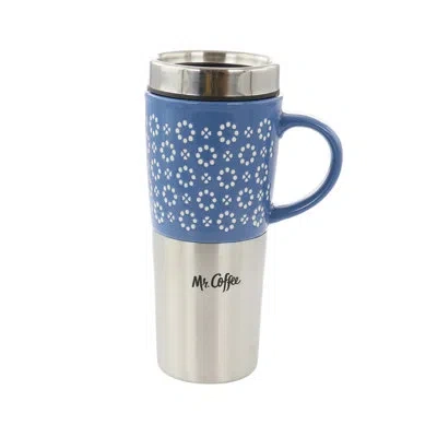 Mr Coffee Travertine 16 Ounce Stoneware And Stainless Steel Travel Mug With Lid In Blue