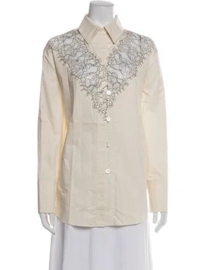 Pre-owned Mr. Larkin Lace Pattern Long Sleeve Button-up Top In Neutrals