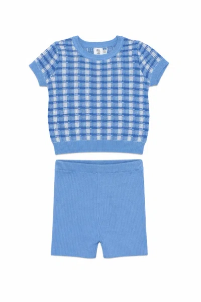 Mr. Mr. Babies'  Basket Weave Short Sleeve Knit Sweater And Rib Short Set In Blue