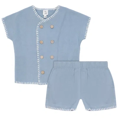 Mr. Mr. Babies'  Double Breasted Cotton Linen Shirt And Shorts Set In Blue