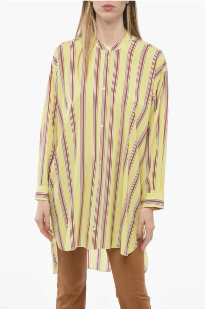 Mr Mrs Shirt Bayadere Patterned Silk Blend Shirt With Mandarin Collar In Yellow