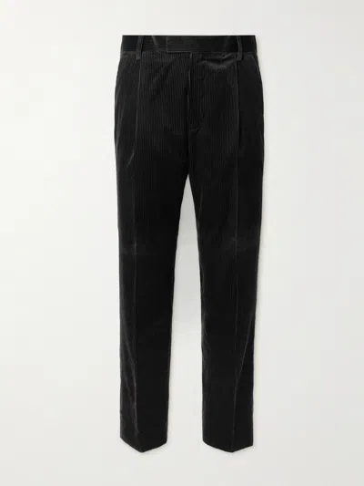 Mr P Tapered Pleated Cotton And Cashmere-blend Corduroy Trousers In Black