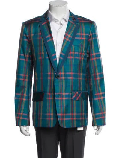 Pre-owned Mr Turk Silk Plaid Print Sport Coat W/ Tags In Blue