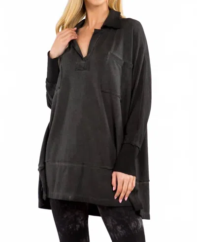 M.rena Oil Washed Baby French Terry Collared Tunic In Caviar In Black