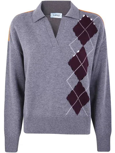 Mrz Long Sleeve Intarsia Knit Polo Clothing In Gray