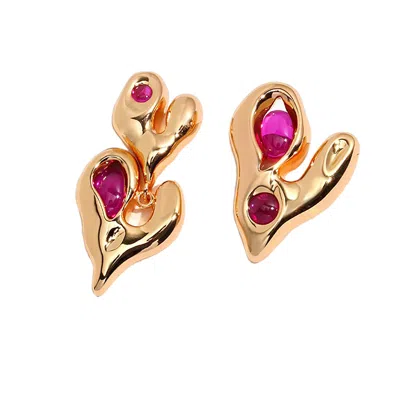 Ms. Donna Women's Asymmetric Gold Plated Sterling Silver Heart With Red Stone Earrings