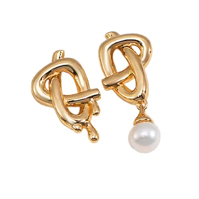 Ms. Donna Women's Asymmetric Knot Shape Gold With Freshwater Pearls Dangle Earring