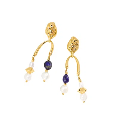 Ms. Donna Women's Blue / Gold Art Inspired Gold With Lapis And Pearls Earrings In Multi