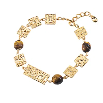 Ms. Donna Women's Brown Antique Style Tiger Eye Stone With Sterling Silver Plated Gold Bracelet
