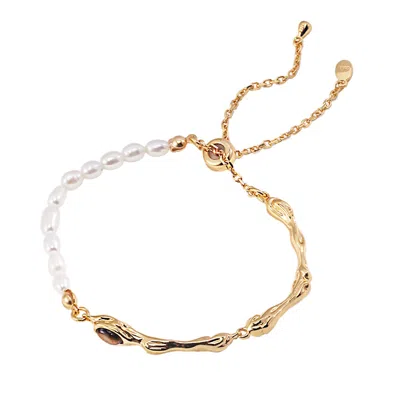 Ms. Donna Women's Brown Tiger Eye Stone Sterling Silver Plated Gold With Freshwater Pearls Adjustable Bracelet