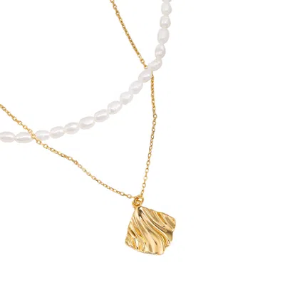 Ms. Donna Women's Double Layered Necklace With Gold Wave Shape Pendant And Freshwater Pearls