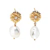 Ms. Donna Women's Gold Daisy Flower With Freshwater Pearls Dangle Earrings