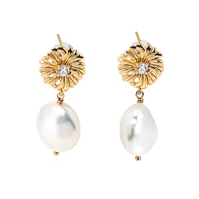 Ms. Donna Women's Gold Daisy Flower With Freshwater Pearls Dangle Earrings