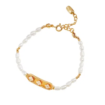 Ms. Donna Women's Gold Freshwater Pearl With Stone Silver Bar Bracelet