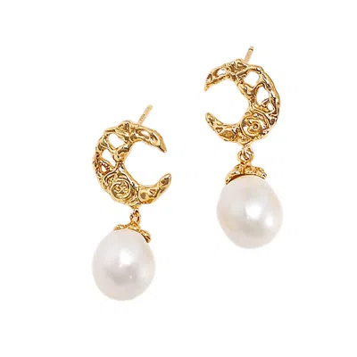 Ms. Donna Women's Gold Moon With Freshwater Pearl Dangle Earrings