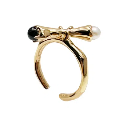 Ms. Donna Women's Gold Plated Sterling Silver With Black & White Stone Open Ring