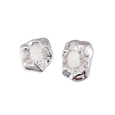 Ms. Donna Women's Grey Asymmetric Sterling Silver With Opal Stone Stud Earring In Gray