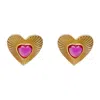 Ms. Donna Women's Heart Shape Gold Plated Silver With Red Zircon Earrings In Gold