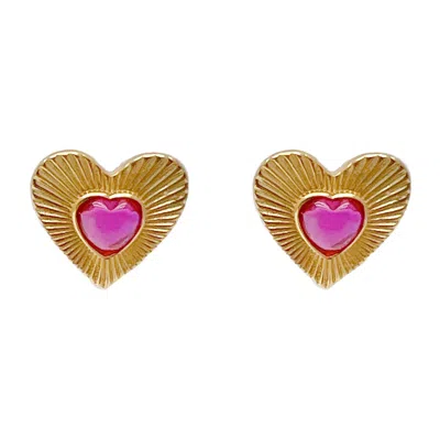 Ms. Donna Women's Heart Shape Gold Plated Silver With Red Zircon Earrings