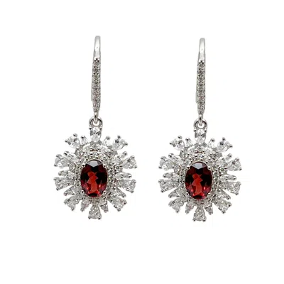 Ms. Donna Women's Red Garnet Birthstone Sterling Silver Flower Dangle Earrings